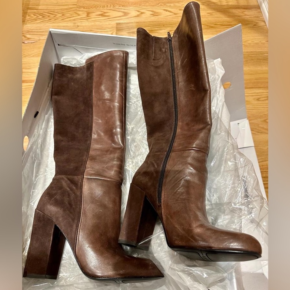 Nine West Brown Two-Tone Leather & Suede Mid-Calf Heeled Boots